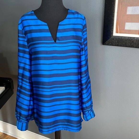Ann Taylor navy/royal blue silky split neckline button cuff top. Small. - Picture 1 of 5